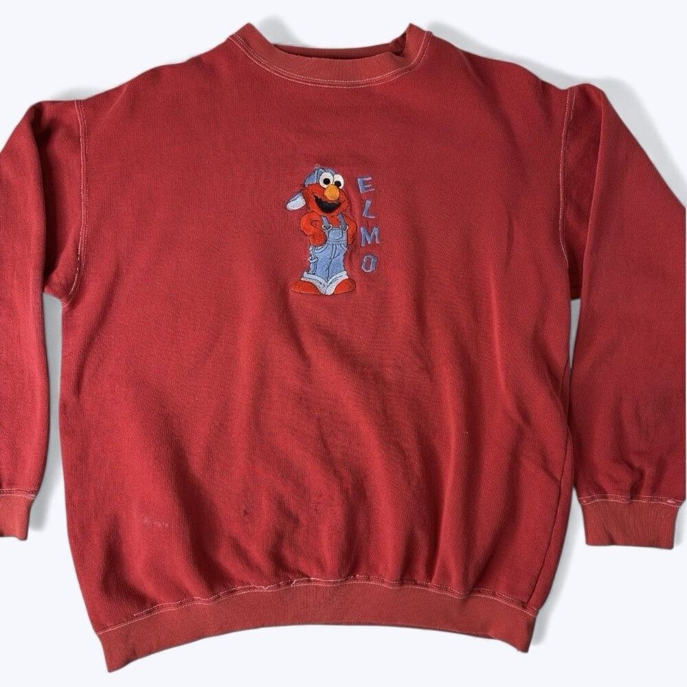 Sesame Street Elmo Red Sweatshirt Boys Sz L Overalls Cap Vtg 90s Y2K Distressed
